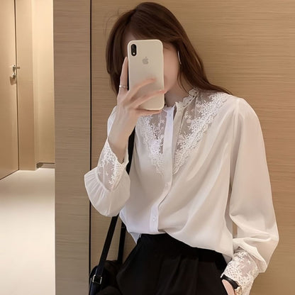 Lace Insets Button-Up Shirt with Full Sleeves