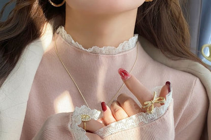 Mock Neck Lace Trim Knit Top