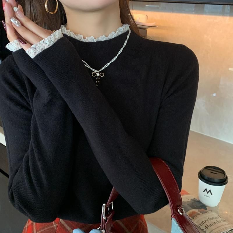 Mock Neck Lace Trim Knit Top