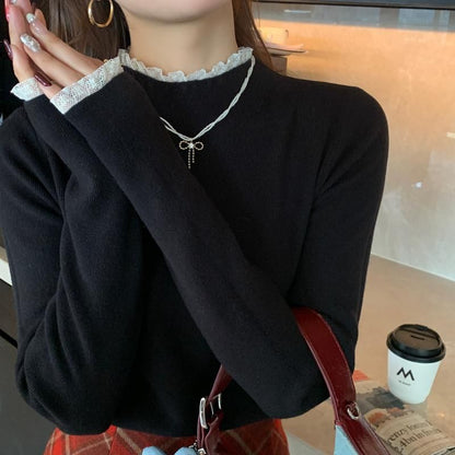Mock Neck Lace Trim Knit Top