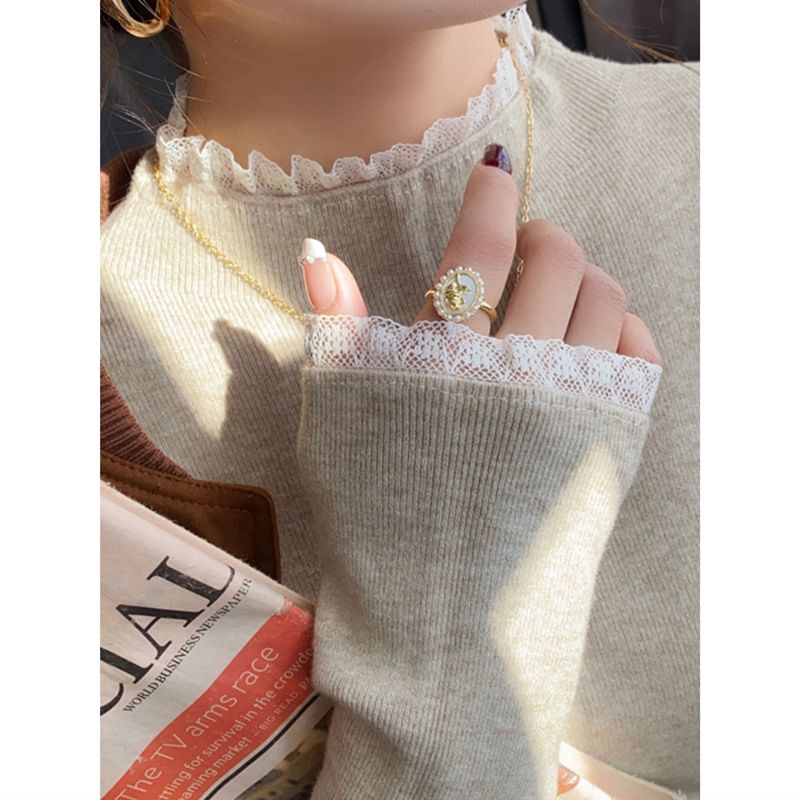 Mock Neck Lace Trim Knit Top