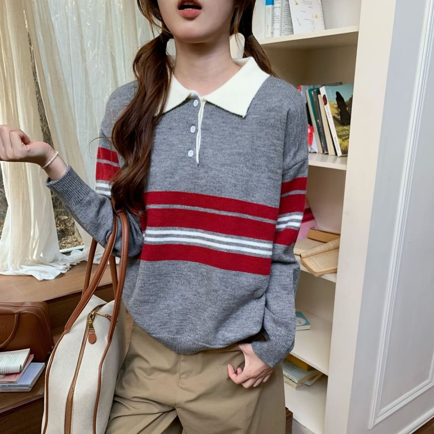 Oversized Striped Polo Sweater with Drop Shoulders