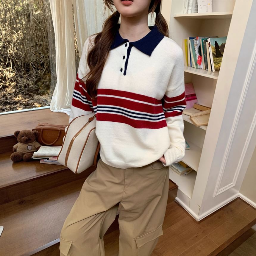 Oversized Striped Polo Sweater with Drop Shoulders