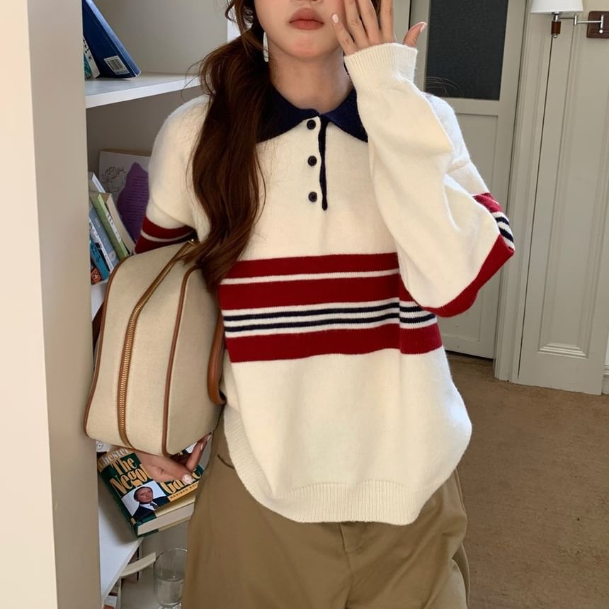 Oversized Striped Polo Sweater with Drop Shoulders