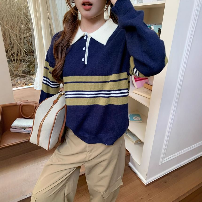 Oversized Striped Polo Sweater with Drop Shoulders