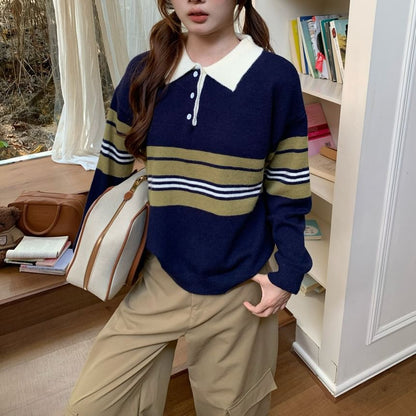 Oversized Striped Polo Sweater with Drop Shoulders
