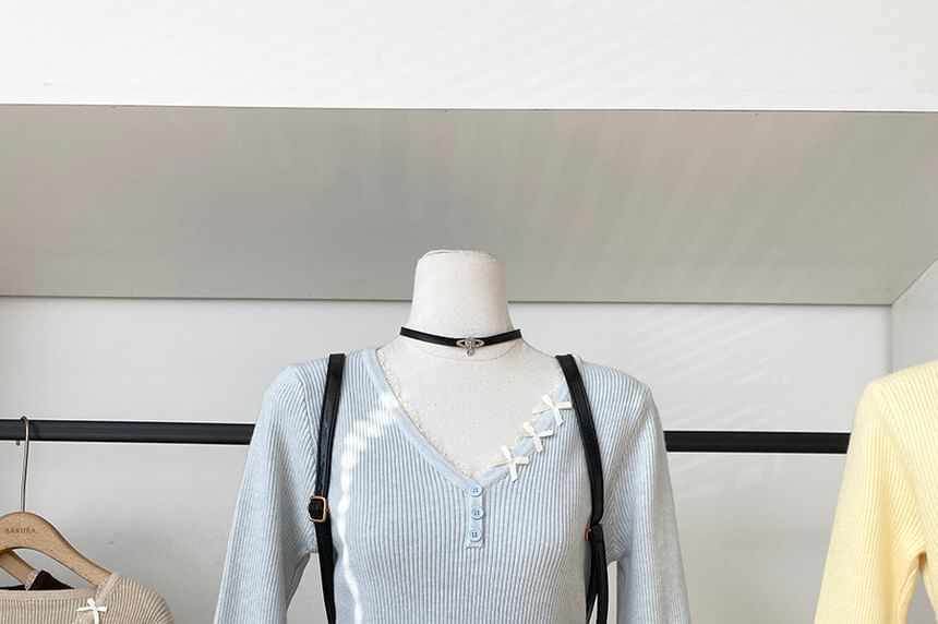 Ribbed V-Neck Knit Top with Long Sleeves