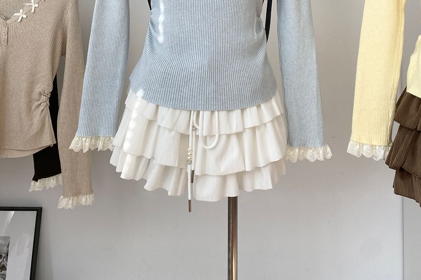 Ribbed V-Neck Knit Top with Long Sleeves