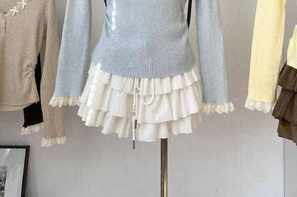 Ribbed V-Neck Knit Top with Long Sleeves