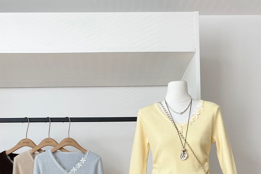 Ribbed V-Neck Knit Top with Long Sleeves