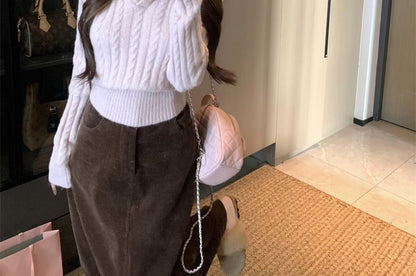 Cable Knit Cardigan with High-Waist Corduroy Skirt
