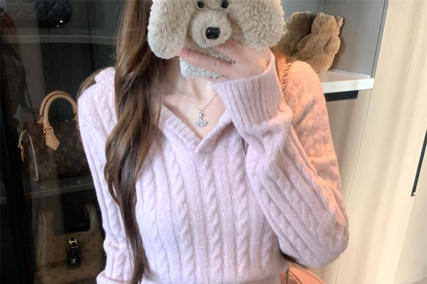 Cable Knit Cardigan with High-Waist Corduroy Skirt