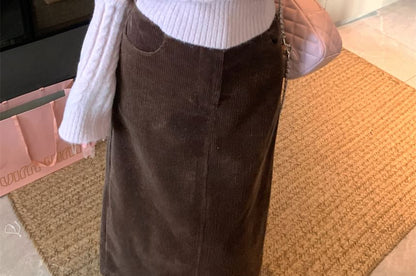 Cable Knit Cardigan with High-Waist Corduroy Skirt