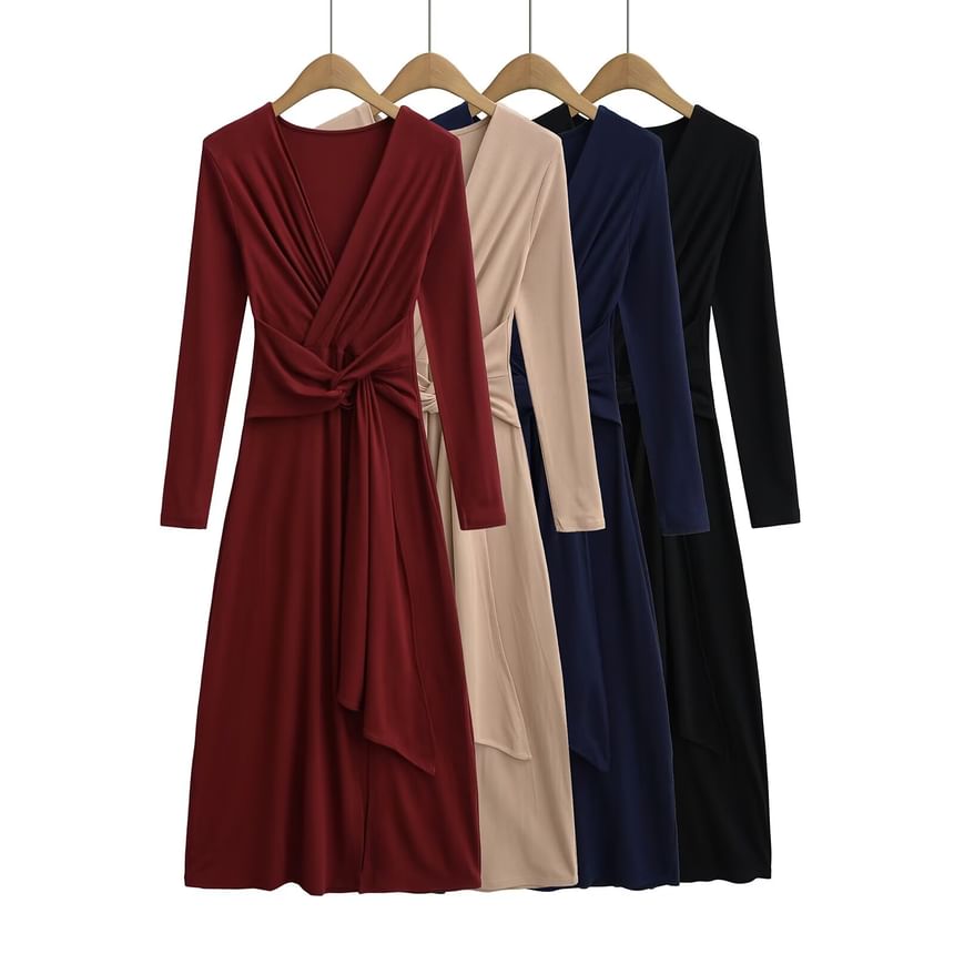 Long-Sleeve V-Neck Plain Tie Waist Slit Maxi A-Line Dress