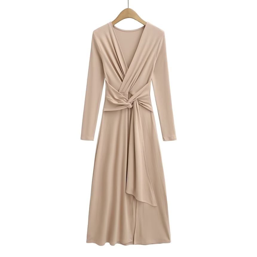 Long-Sleeve V-Neck Plain Tie Waist Slit Maxi A-Line Dress