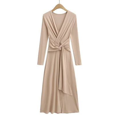 Long-Sleeve V-Neck Plain Tie Waist Slit Maxi A-Line Dress
