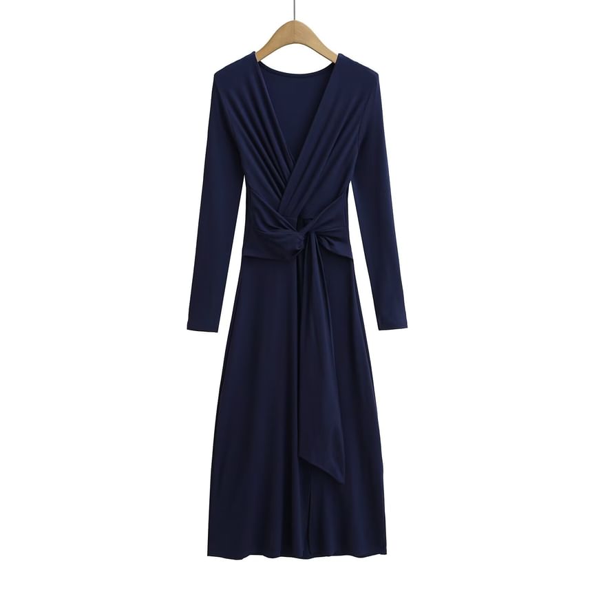 Long-Sleeve V-Neck Plain Tie Waist Slit Maxi A-Line Dress