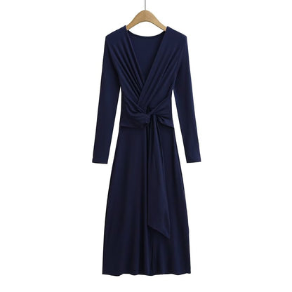 Long-Sleeve V-Neck Plain Tie Waist Slit Maxi A-Line Dress