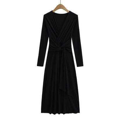 Long-Sleeve V-Neck Plain Tie Waist Slit Maxi A-Line Dress