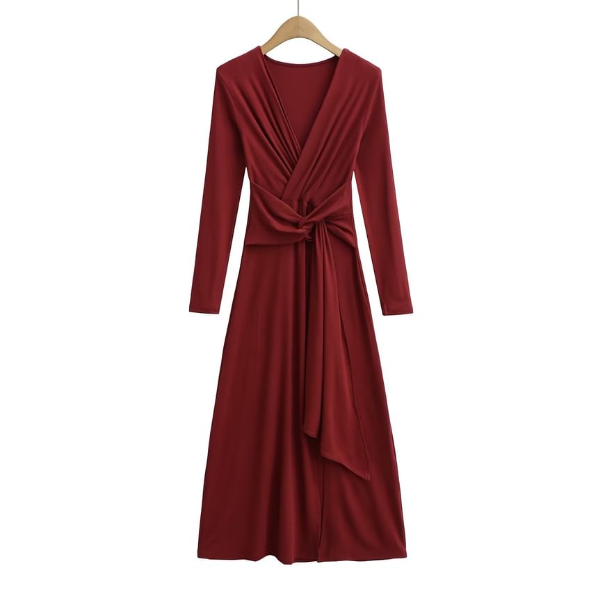 Long-Sleeve V-Neck Plain Tie Waist Slit Maxi A-Line Dress