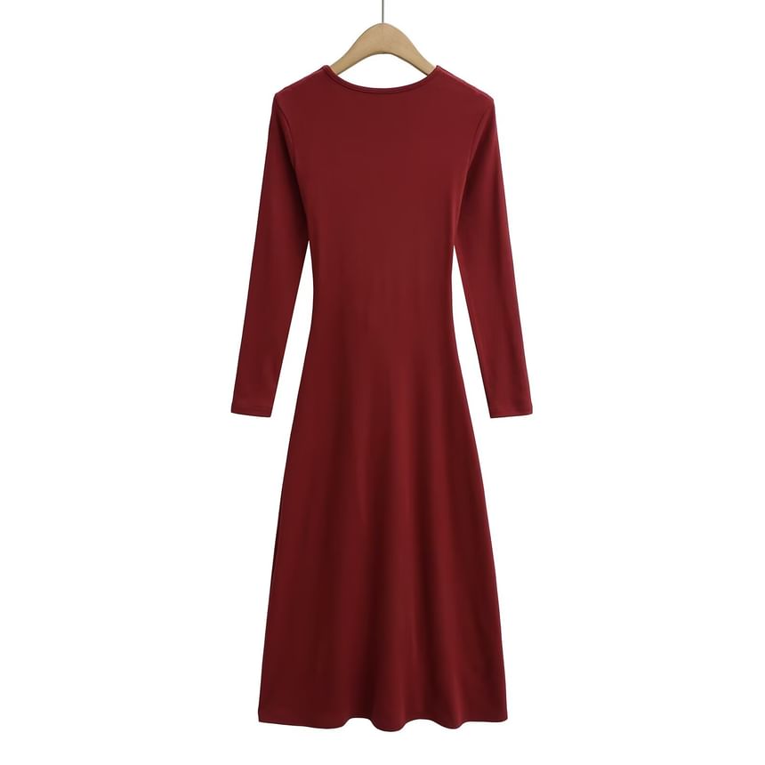 Long-Sleeve V-Neck Plain Tie Waist Slit Maxi A-Line Dress
