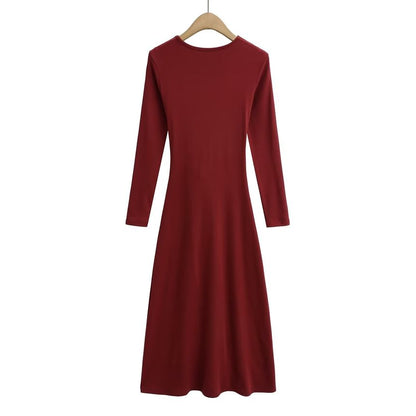 Long-Sleeve V-Neck Plain Tie Waist Slit Maxi A-Line Dress