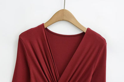 Long-Sleeve V-Neck Plain Tie Waist Slit Maxi A-Line Dress