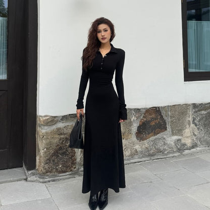 Long-Sleeve Stand Collar Half-Buttoned Plain Maxi A-Line Dress