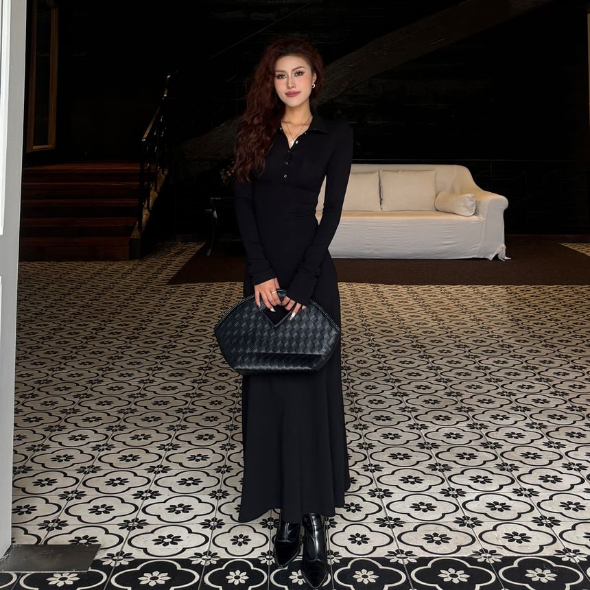 Long-Sleeve Stand Collar Half-Buttoned Plain Maxi A-Line Dress