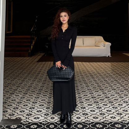Long-Sleeve Stand Collar Half-Buttoned Plain Maxi A-Line Dress