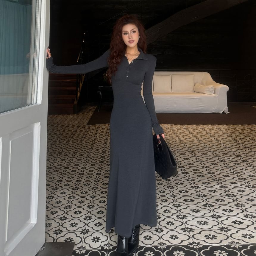 Long-Sleeve Stand Collar Half-Buttoned Plain Maxi A-Line Dress