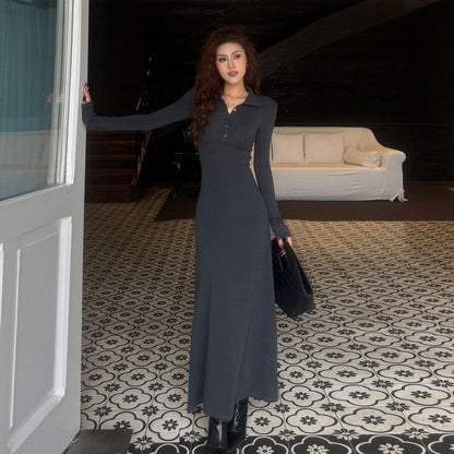 Long-Sleeve Stand Collar Half-Buttoned Plain Maxi A-Line Dress