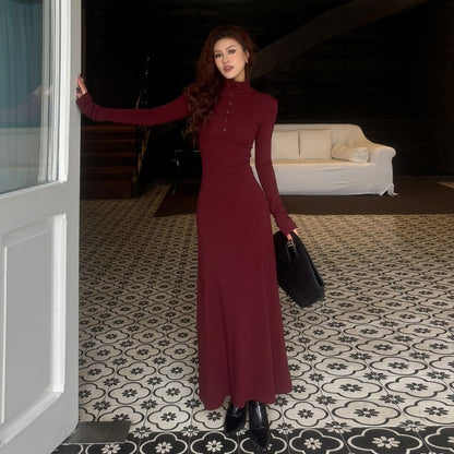 Long-Sleeve Stand Collar Half-Buttoned Plain Maxi A-Line Dress