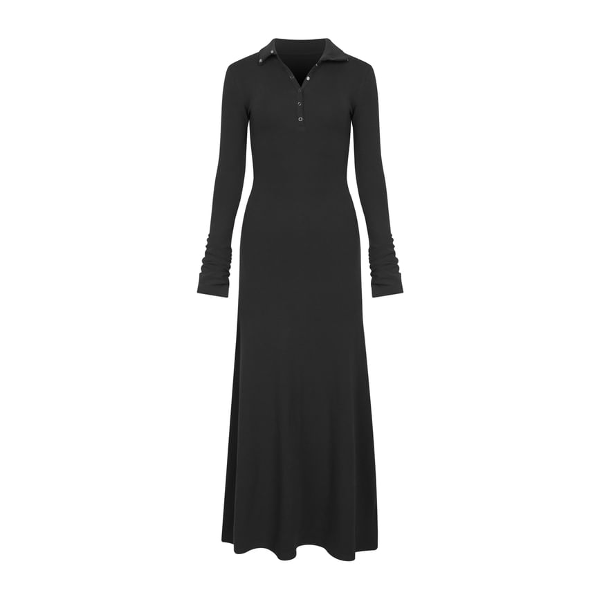 Long-Sleeve Stand Collar Half-Buttoned Plain Maxi A-Line Dress