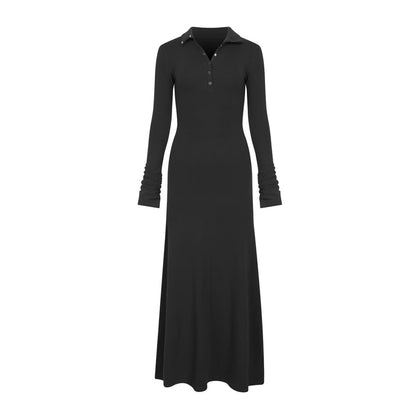 Long-Sleeve Stand Collar Half-Buttoned Plain Maxi A-Line Dress