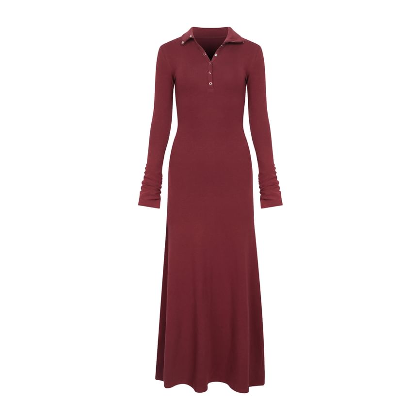 Long-Sleeve Stand Collar Half-Buttoned Plain Maxi A-Line Dress