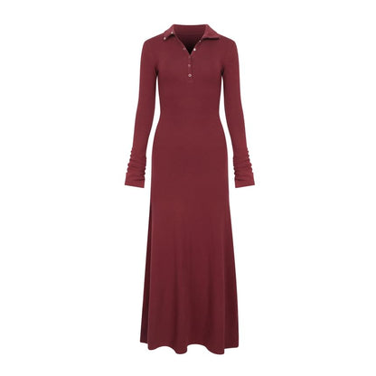Long-Sleeve Stand Collar Half-Buttoned Plain Maxi A-Line Dress