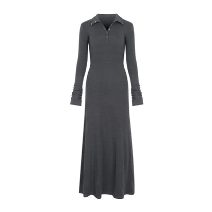 Long-Sleeve Stand Collar Half-Buttoned Plain Maxi A-Line Dress