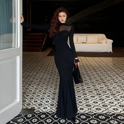 Long-Sleeve Mock Neck Plain Mesh Panel Maxi Mermaid Dress (Various Designs)