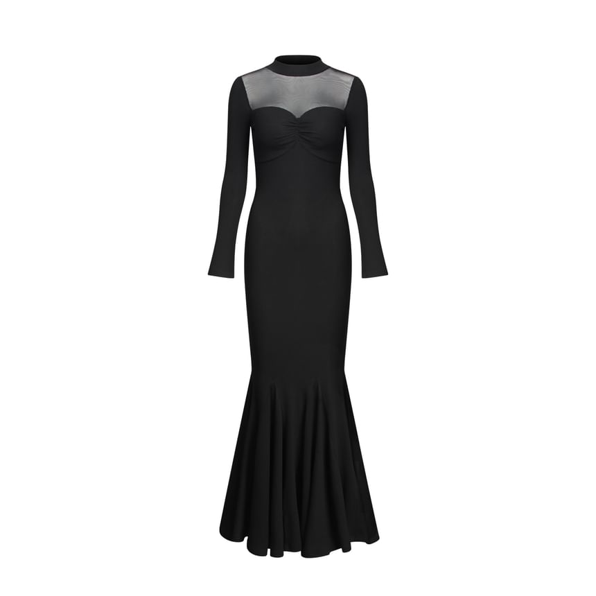 Long-Sleeve Mock Neck Plain Mesh Panel Maxi Mermaid Dress (Various Designs)