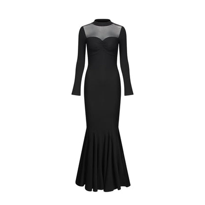 Long-Sleeve Mock Neck Plain Mesh Panel Maxi Mermaid Dress (Various Designs)