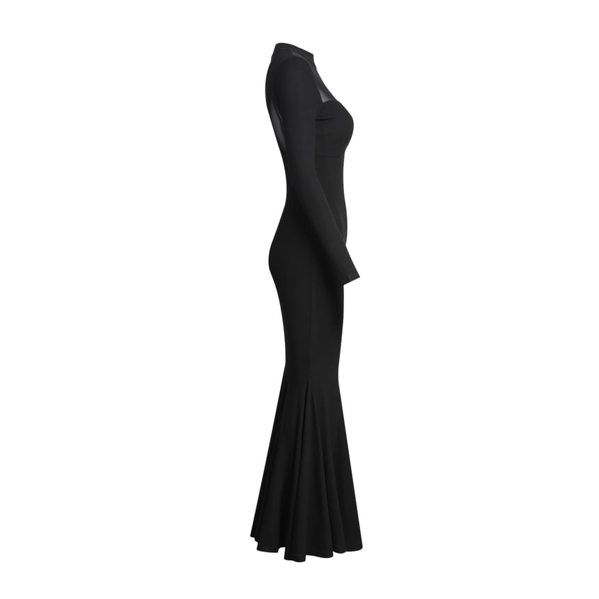 Long-Sleeve Mock Neck Plain Mesh Panel Maxi Mermaid Dress (Various Designs)