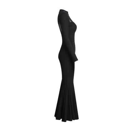 Long-Sleeve Mock Neck Plain Mesh Panel Maxi Mermaid Dress (Various Designs)