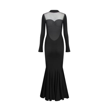 Long-Sleeve Mock Neck Plain Mesh Panel Maxi Mermaid Dress (Various Designs)