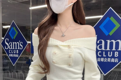 Double-Breasted Off-Shoulder Sweater in Plain Design