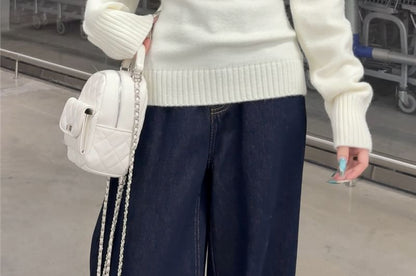 Double-Breasted Off-Shoulder Sweater in Plain Design