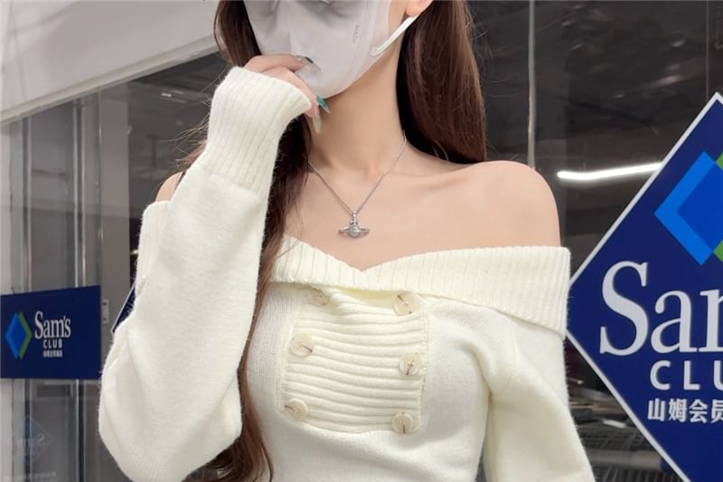 Double-Breasted Off-Shoulder Sweater in Plain Design
