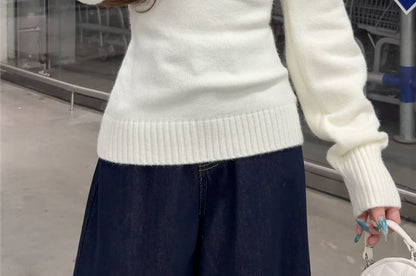 Double-Breasted Off-Shoulder Sweater in Plain Design