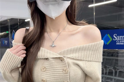 Double-Breasted Off-Shoulder Sweater in Plain Design