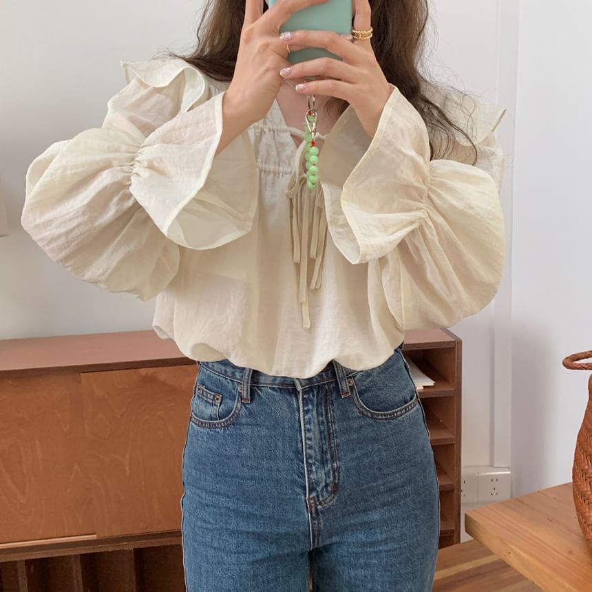 Tie-Front V-Neck Blouse with Puff Sleeves